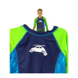 SUNSMART Swim Tee Rash Guard Kids UPF 50+ Navy Blue & Neon Green Large 4-6 Years